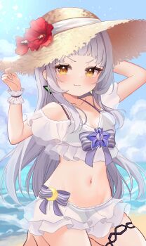 >:) 1girl absurdres adjusting_clothes adjusting_headwear alternate_costume arched_bangs arms_up beach bikini bikini_under_clothes black_bikini blood blood_on_clothes blouse blue_sky blush breasts closed_mouth crop_top earrings grey_hair groin hand_on_headwear hat highres hololive jewelry kneeling long_hair long_sidelocks midriff murasaki_shion navel ocean petite see-through_clothes see-through_shirt see-through_skirt shirt sidelocks skirt sky small_breasts smile solo somari_(somari_cat) straw_hat sun_hat swimsuit thighlet triangle_earrings v-shaped_eyebrows virtual_youtuber white_shirt white_skirt wrist_cuffs yellow_eyes