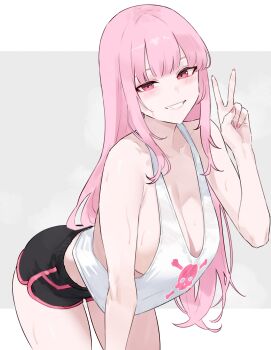 1girl absurdres alternate_costume bare_arms black_shorts bluefield blunt_bangs breasts cleavage commentary dolphin_shorts grey_background grin hand_up highres hololive hololive_english large_breasts leaning_forward long_hair looking_at_viewer mori_calliope nail_polish no_bra pink_eyes pink_hair pink_nails print_tank_top short_shorts shorts sideboob simple_background skull_print smile solo straight_hair sweat tank_top v virtual_youtuber white_background white_tank_top