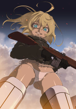 1girl ahoge black_gloves blonde_hair blue_eyes cameltoe cloud crazy_eyes don_(rg06268) female_focus from_below gloves grin gun hair_between_eyes highres holding holding_gun holding_weapon long_sleeves looking_at_viewer machine_gun midair military military_uniform neckerchief no_pants panties parody pov pov_crotch shiny_skin short_hair side-tie_panties smile solo spread_legs strike_witches striker_unit tanya_degurechaff teeth thighhighs underwear weapon wedgie white_panties world_witches_series youjo_senki