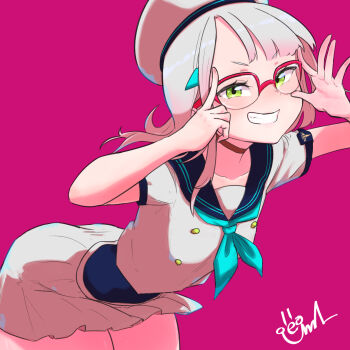 1girl adjusting_eyewear aqua_neckerchief beret blue_one-piece_swimsuit blue_sailor_collar blush choker goddess_of_victory:_nikke green_eyes grey_hair grin hair_ornament hand_on_eyewear hat highres iejima_(xmfqiejm) leaning_forward looking_at_viewer neckerchief neon_(nikke) one-piece_swimsuit over-rim_eyewear purple_background red-framed_eyewear red_choker sailor_collar semi-rimless_eyewear shirt signature skirt smile solo standing swimsuit swimsuit_under_clothes tsurime v-shaped_eyebrows white_hat white_shirt white_skirt