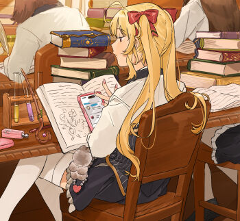 Rule 34 | 4girls, ahoge, black skirt, blazer, blonde hair, book, book stack, bottle, bow, cellphone, chair, classroom, expressionless, feet out of frame, hair bow, highres, jacket, koinko (hunjinwashow), long hair, long table, multiple girls, nijisanji, open book, perfume bottle, phone, pink nails, quill, red bow, red eyes, sidelocks, sitting, skirt, smartphone, table, takamiya rion, takamiya rion (1st costume), test tube, test tube rack, thighhighs, twintails, virtual youtuber, wand, white jacket, white thighhighs