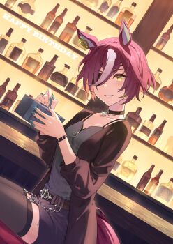 1girl animal_ears aqua_nails bar_(place) belt black_belt black_choker black_jacket black_shorts black_thighhighs botantouki choker commentary dutch_angle english_commentary eyepatch gift grey_shirt grin highres holding holding_gift horse_ears horse_girl horse_tail jacket looking_at_viewer multicolored_hair purple_hair shirt short_hair shorts sitting smile solo streaked_hair tail tanino_gimlet_(casual)_(umamusume) tanino_gimlet_(umamusume) thighhighs umamusume yellow_eyes
