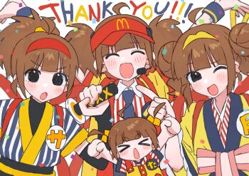 &gt;_&lt; 4girls :d :o ^_^ absurdres ahoge black_eyes blue_necktie blunt_bangs blush_stickers brown_hair closed_eyes collared_shirt commentary double_bun facing_viewer hair_bobbles hair_bun hair_ornament hairband hamafugu hat headset highres holding holding_sword holding_weapon imadake_dabuchi_tabemi imadake_tsukimi_tabemi japanese_clothes kimono looking_at_viewer mcdonald&#039;s multiple_girls necktie open_mouth red_hairband red_hat samurai_tamago_tabemi shirt short_hair smile striped_clothes striped_shirt sword thank_you two_side_up upper_body visor_cap weapon white_background white_shirt yellow_kimono