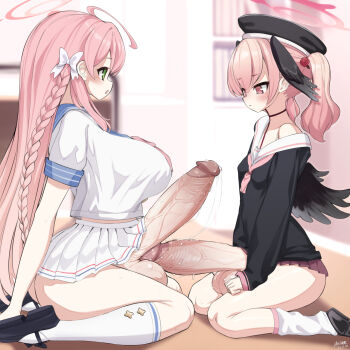 2futa ahoge black_footwear black_headwear black_shirt black_wings blue_archive blurry blurry_background bow braid breasts closed_mouth erection futa_with_futa futanari green_eyes hair_bow halo hanako_(blue_archive) hat head_wings highres huge_penis huge_testicles indoors kneehighs koharu_(blue_archive) large_breasts long_hair looking_at_penis multiple_futa nnilaee open_mouth penis penis_and_testicles_touching penises_touching pink_eyes pink_hair pleated_skirt precum precum_string shirt shoes short_sleeves sitting skirt sleeves_past_wrists small_breasts socks testicles uncensored veins veiny_penis wariza white_bow white_shirt white_skirt white_socks wings