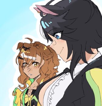 2girls ahoge animal_ears black_hair blue_eyes body_freckles breast_awe breasts brown_hair center_frills closed_mouth commentary english_commentary freckles frills fuji_kiseki_(shooting_star_revue)_(umamusume) fuji_kiseki_(umamusume) ghostctytrffcjm girl_staring_at_guy&#039;s_chest_(meme) grey_hair hair_between_eyes horse_ears jacket jungle_pocket_(champion&#039;s_battle_cry)_(umamusume) jungle_pocket_(umamusume) long_hair looking_at_another looking_down meme multicolored_hair multiple_girls open_clothes open_jacket parted_lips shirt short_hair tan two-tone_hair umamusume upper_body yellow_eyes