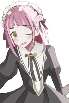 1girl ;d arched_bangs black_dress brown_eyes dress hair_ornament hairclip highres juliet_sleeves lacey_(fall_2025)_(pokemon) lacey_(pokemon) long_sleeves looking_at_viewer maid maid_headdress nintendo official_alternate_costume one_eye_closed open_mouth pink_hair pokemon pokemon_masters_ex puffy_sleeves shironenenenene short_hair smile white_background