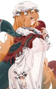 1girl absurdres bow bowtie breasts christmas_nightmare_(e.g.o) dress e.g.o_(project_moon) frilled_sleeves frills from_side hat highres ishmael_(project_moon) large_breasts limbus_company long_hair long_sleeves mob_cap orange_hair plump project_moon puffy_long_sleeves puffy_sleeves saeda8e shawl sidelocks simple_background solo stomach striped_bow striped_bowtie striped_clothes tentacles very_long_hair white_background white_dress