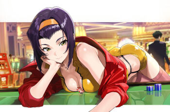 1boy 1girl ass between_breasts breasts casino chinese_commentary cleavage commentary_request cowboy_bebop faye_valentine highres jacket large_breasts looking_at_viewer miniskirt poker_chip poker_table purple_hair red_jacket shiliu_xian_xian_xian short_hair skirt slot_machine smile solo solo_focus table tank_top yellow_eyes yellow_skirt yellow_tank_top