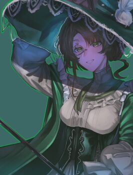 1girl brown_hair coat corset green_background green_coat green_corset green_eyes green_hat grin hand_on_headwear hat highres holding holding_wand kakania_(reverse:1999) kakania_(the_emerald_witch)_(reverse:1999) lace-trimmed_headwear lace_trim looking_at_viewer monocle official_alternate_costume phunkey reverse:1999 shirt smile solo upper_body wand white_shirt witch_hat