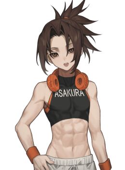 Rule 34 | 1boy, abs, asakura yoh, bare shoulders, brown eyes, brown hair, cbow, character name, commentary, covered collarbone, covered pectorals, crop top, curtained hair, hair tie, hand on own hip, headphones, headphones around neck, highres, looking at viewer, male focus, navel, open mouth, pants, pectorals, ponytail, shaman king, short hair, simple background, solo, untranslatable commentary, white background, white pants, wristband