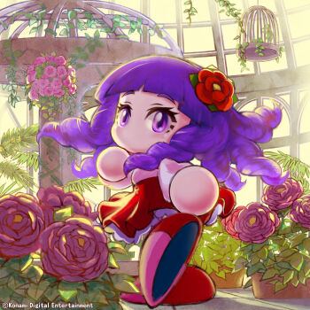 Rule 34 | 1girl, amamiya botan, artist request, commentary request, copyright notice, curly hair, flower, hair flower, hair ornament, highres, jikkyou powerful pro yakyuu, jikkyou powerful pro yakyuu (style), jikkyou powerful soccer, long hair, looking back, multicolored shoes, no mouth, official art, pink flower, pink rose, pink shirt, pink shoes, purple eyes, purple hair, rayman limbs, red flower, red rose, red shoes, red skirt, rose, shirt, shoe soles, shoes, skirt, solo, standing, standing on one leg