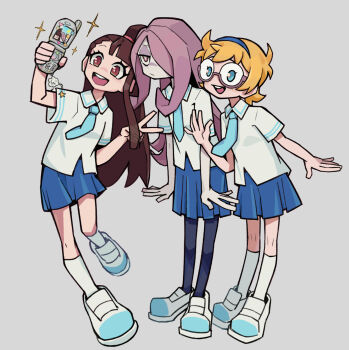 3girls alternate_costume arm_up black_pantyhose blue_eyes blue_necktie blue_skirt bright_pupils brown_hair cellphone closed_mouth collared_shirt commentary flip_phone glasses grey_background hair_over_one_eye highres holding holding_phone kagari_atsuko little_witch_academia long_hair lotte_jansson multiple_girls necktie nichijou open_mouth orange_hair pantyhose phone pink_hair red-framed_eyewear red_eyes round_eyewear school_uniform selfie semi-rimless_eyewear shirt shoes short_hair short_sleeves simple_background skirt smile socks sparkle standing sucy_manbavaran symbol-only_commentary teeth tokisadame_school_uniform under-rim_eyewear upper_teeth_only white_pupils white_shirt white_shoes white_socks yihe_mi