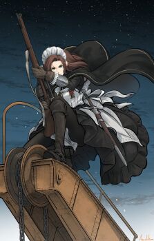 Rule 34 | 1girl, asterisk kome, black cape, blue eyes, bolt action, brown gloves, brown hair, cape, chain, commentary request, crane (machine), gina wallace, gloves, gun, heroes of order, highres, holding, holding gun, holding weapon, lee-enfield, long hair, long sleeves, medal, night, rifle, scope, sheath, sheathed, sky, star (sky), starry sky, sword, weapon