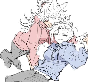 Rule 34 | 2girls, animification, bad id, bad twitter id, black boots, black pants, blue hoodie, boots, couple, earrings, eddsworld, grin, hair bobbles, hair ears, hair ornament, heart, heart earrings, holding hands, hollow eyes, hood, hood down, hoodie, inactive account, jewelry, kneeling, long hair, long sleeves, looking at viewer, midriff peek, multiple girls, nana (ebitokanimiso), pants, partially colored, red hoodie, short hair, simple background, sketch, smile, tamara (eddsworld), topknot, tori (eddsworld), white background, yuri