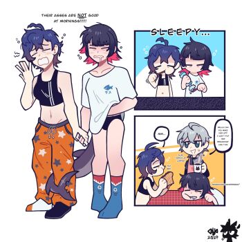 1boy 2girls alternate_language apron bare_arms belle_(zenless_zone_zero) black_hair black_socks black_sports_bra blue_hair blue_socks bread bread_slice breasts brother_and_sister brushing_teeth closed_eyes coffee coffee_mug collarbone colored_inner_hair commentary cup drooling ellen_joe english_commentary english_text food g0mitrash grey_hair highres holding holding_food holding_hands holding_toothbrush medium_breasts midriff morning mug multicolored_hair multiple_girls orange_pants pants pink_apron pink_hair print_socks saliva shark_print shirt short_hair short_sleeves siblings sleepy socks speech_bubble sports_bra steam tail tail_around_another&#039;s_leg tail_wrap toast toothbrush toothpaste waking_up white_shirt white_socks wise_(zenless_zone_zero) yuri zenless_zone_zero