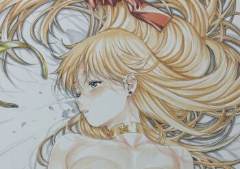 1girl absurdres aino_minako bare_shoulders bed_sheet bishoujo_senshi_sailor_moon blonde_hair blue_eyes blush choker collarbone commentary_request cropped earrings highres jewelry katsu_(24791909) long_hair looking_to_the_side lying marker_(medium) on_back orange_choker paid_reward_available parted_lips profile sailor_venus solo traditional_media upper_body