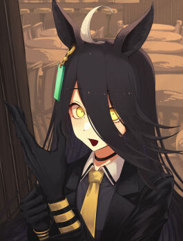 1girl absurdres adjusting_clothes adjusting_gloves ahoge animal_ears black_choker black_gloves black_hair black_shirt chair choker contrast_collar ear_ornament ear_tag earrings gloves hair_between_eyes hands_up highres horse_ears horse_girl jewelry long_hair long_hair_between_eyes long_sleeves manhattan_cafe_(creeping_black)_(umamusume) manhattan_cafe_(umamusume) multicolored_hair murderdoll1641 necktie open_mouth shirt single_earring smile solo stool table umamusume very_long_hair white_hair yellow_eyes yellow_necktie
