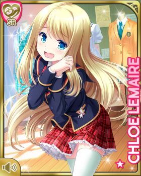 1girl blonde_hair blue_eyes blue_jacket bow card character_name chloe_lemaire day girlfriend_(kari) indoors jacket long_hair official_art open_mouth plaid_clothes plaid_skirt qp:flapper red_bow red_neckwear red_skirt school_uniform shirt skirt smile solo store tagme white_shirt