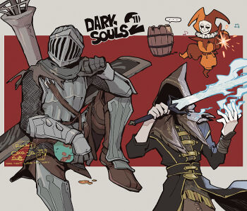 ... 3boys armor armored_boots armorer_dennis barrel black_shirt boots breastplate brown_hood chainmail coin commentary copyright_name dark_souls_(series) dark_souls_ii english_commentary foot_out_of_frame grey_background hat highres holding holding_sword holding_weapon holy_knight_aurheim hood hood_up jester jester_cap jester_thomas knight lance looking_at_viewer magic maldron_the_assassin male_focus mask masked multiple_boys okajamira orange_hat polearm red_background shield shirt slit_throat_(gesture) spoken_ellipsis sword two-tone_background weapon