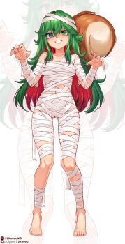 1girl bandaged_arm bandaged_chest bandaged_head bandaged_leg bandages barefoot blue_eyes blush breasts colored_inner_hair commentary commission english_commentary green_eyes green_hair heterochromia highres likunea long_hair looking_at_viewer multicolored_hair mummy_costume naked_bandage navel nude original patreon_logo patreon_username red_hair revealing_clothes simple_background small_breasts smile solo squirrel_girl squirrel_tail tail twitter_username twitter_x_logo watermelon_girl_(goldn) zoom_layer