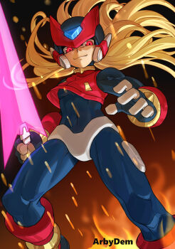1boy armor bi_51334 blonde_hair energy_sword feet_out_of_frame fire forehead_jewel helmet highres holding holding_sword holding_weapon long_hair male_focus mega_man_(series) mega_man_zero_(series) mega_man_zero_3 omega_(mega_man) red_armor red_eyes red_helmet solo sword weapon z_saber