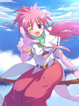 1girl arche_klein bad_id bad_pixiv_id broom broom_riding elbow_gloves female_focus gloves long_hair one_eye_closed pants pink_hair pink_pants sidesaddle solo tales_of_(series) tales_of_phantasia wide_ponytail wink yakka