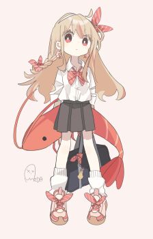 1girl absurdres aida_(aidia) bag black_skirt blonde_hair bow bowtie braid bright_pupils closed_mouth collared_shirt commentary_request dot_nose full_body hair_bow hair_ribbon highres long_hair looking_at_viewer multicolored_hair original pink_background pleated_skirt red_bow red_bowtie red_eyes red_ribbon red_shoes red_streaks ribbon school_bag school_uniform shirt shoes short_sleeves shrimp simple_background single_braid skirt sneakers socks solo standing streaked_hair striped_bow striped_bowtie striped_clothes striped_ribbon white_pupils white_shirt white_socks