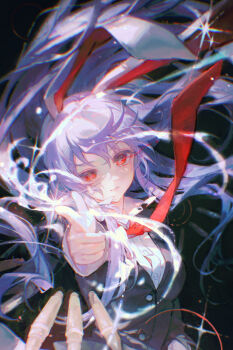 animal_ears bad_source bullet dot_nose highres long_hair looking_at_viewer maccha_(mochancc) neck pointing purple_hair rabbit_ears rabbit_girl red_eyes shirt smile sparkle touhou white_shirt