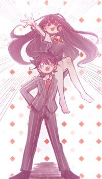 Rule 34 | 1boy, 1girl, antenna hair, artist name, barefoot, black shoes, black sweater vest, blue pants, blue suit, blush, bossman hero, breasts, collared shirt, colored skin, commentary, double-parted bangs, english commentary, formal clothes, hair between eyes, hero (headspace) (omori), hero (omori), highres, korogunso8, long hair, long sleeves, mari (headspace) (omori), mari (omori), medium breasts, omori, open mouth, pants, purple eyes, purple hair, sharp teeth, shirt, shoes, short hair, short sleeves, smile, striped clothes, striped pants, suit, sweater vest, teeth, upper teeth only, vertical-striped clothes, vertical-striped pants, vertical-striped suit, white eyes, white shirt, white skin