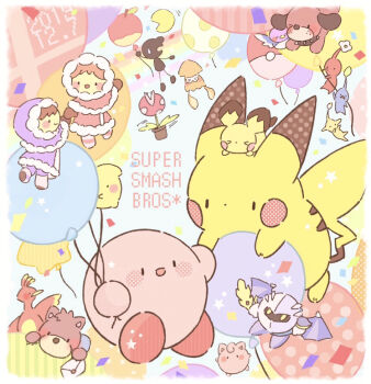 >_< 1boy 1girl balloon banjo-kazooie banjo_(banjo-kazooie) blue_pikmin commentary_request copyright_name dated dog_(duck_hunt) duck_(duck_hunt) duck_hunt gen_1_pokemon gen_2_pokemon holding holding_balloon ice_climber inkling_(swim_form) inkling_player_character jigglypuff kazooie_(banjo-kazooie) kirby kirby_(series) meta_knight mr._game_&amp;_watch nana_(ice_climber) nintendo pichu pikachu pikmin_(series) piranha_plant poke_ball pokemon pokemon_(creature) popo_(ice_climber) red_pikmin splatoon_(series) super_smash_bros. yellow_pikmin yukichi_0611