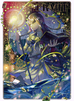 1girl black_socks blue_necktie book breasts brown_eyes brown_hair collared_shirt commentary_request commission gem glowing highres holding holding_book holding_staff long_hair long_sleeves medium_breasts necktie open_book orb original parted_bangs pixiv_commission pleated_skirt puffy_long_sleeves puffy_sleeves shirt six_pointed_star skirt socks solo staff tarot the_hermit_(tarot) very_long_hair water white_shirt white_skirt wide_sleeves yuu_(arcadia)