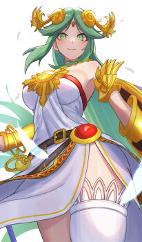 1girl absurdres amausa_subee ancient_greek_clothes armlet bare_shoulders blush breasts chain chiton circlet closed_mouth commentary_request dress feathers forehead_jewel gold_chain greco-roman_clothes green_eyes green_hair highres holding holding_staff jewelry kid_icarus kid_icarus_uprising large_breasts laurel_crown long_hair looking_at_viewer nintendo palutena parted_bangs smile solo staff thighhighs tiara very_long_hair white_thighhighs