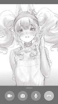 1girl absurdres angelina_(arknights) animal_ears arknights blush bra collarbone earpiece fake_screenshot fourtwelve fox_ears fox_girl hairband hands_in_own_hair highres infection_monitor_(arknights) long_hair looking_at_viewer parted_lips see-through_clothes see-through_shirt shirt sidelocks solo striped_clothes striped_hairband twintails underwear