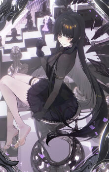 1girl absurdres arknights black_chemise black_dress black_eyes black_gloves black_hair black_halo blunt_bangs blush board_game bodystocking broken_halo chair chemise chess chess_piece chessboard covered_collarbone dark_halo detached_wings dress drive_shot energy_wings gloves halo hand_up highres hime_cut lace lace-trimmed_dress lace_trim long_hair mole mole_under_eye official_alternate_costume on_chair sidelocks sitting solo thigh_strap virtuosa_(arknights) virtuosa_(diversity_oneness)_(arknights) wings yellow_pupils