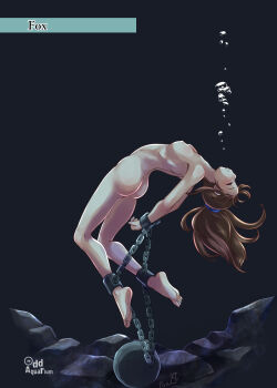1girl absurdres air_bubble anklet arms_behind_back asphyxiation ass back backlighting bare_shoulders barefoot blush breasts breasts_out brown_hair bubble caught chain closed_eyes cuffs dark_background drowned drowning fainted feet female_focus foxeye full_body gluteal_fold highres inclined jewelry long_hair medium_breasts nipples nude ocean ponytail ribs ryona solo thighs underwater water_torture watermark