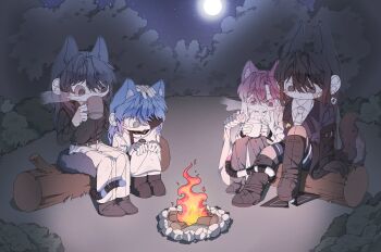 4girls animal_ears black_footwear black_gloves black_hair black_shirt blue_hair boots bush campfire cat_ears cat_girl cat_tail chief_(path_to_nowhere) collared_shirt commentary_request cup dog_ears dog_girl dog_tail dress drinking earrings elbow_gloves eyepatch female_chief_(path_to_nowhere) fire full_body gloves gradient_hair grey_pants hand_on_another&#039;s_shoulder hecate_(path_to_nowhere) highres holding holding_cup illusion_moon jewelry kemonomimi_mode korean_commentary log long_hair moon mug multicolored_hair multiple_girls night night_sky open_mouth outdoors pants parted_lips path_to_nowhere purple_eyes purple_hair rahu_(path_to_nowhere) scar scar_across_eye scar_on_face shalom_(path_to_nowhere) shirt sitting_on_log sky star_(sky) steam tail tail_around_another&#039;s_leg tail_wrap white_dress white_hair white_pants white_shirt yuri