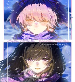 2girls ^_^ akemi_homura black_hair blue_sky blush border breath character_name chinese_commentary closed_eyes closed_mouth commentary_request commission day dot_nose english_text floating_hair hair_between_eyes hair_ribbon happy highres kaname_madoka kokaiff long_hair looking_ahead mahou_shoujo_madoka_magica mahou_shoujo_madoka_magica_(anime) multiple_girls open_mouth outdoors outside_border pink_hair plaid_clothes plaid_scarf portrait purple_eyes purple_scarf red_ribbon ribbon sample_watermark scarf short_hair short_twintails sky smile snow snowing thank_you twintails watermark white_border wind winter