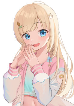 1girl absurdres blonde_hair blue_eyes blush braid commentary_request hair_ornament hands_up highres hololive jacket kazama_iroha kazama_iroha_(street) leaf_hair_ornament long_hair long_sleeves looking_at_viewer midriff multicolored_jacket navel official_alternate_costume open_clothes open_jacket open_mouth own_hands_together pink_jacket ramkilog shirt simple_background single_braid smile solo upper_body virtual_youtuber white_background