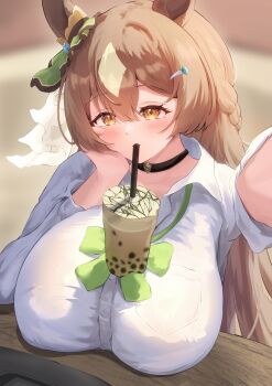 1girl absurdres alternate_costume animal_ears black_choker blurry blurry_background blush bow bowtie brown_eyes brown_hair bubble_tea bubble_tea_challenge choker commentary_request cup disposable_cup drinking drinking_straw ear_ornament green_bow hair_between_eyes hair_ornament hairclip head_rest highres horse_ears horse_girl long_sleeves loose_bowtie multicolored_hair p1_fcoyaa pendant_choker satono_diamond_(umamusume) selfie shirt solo streaked_hair table umamusume white_hair white_shirt wooden_table