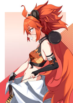 1girl absurdres ahoge animal_ears bare_shoulders bear_ears black_gloves breasts crop_top eyepatch fake_animal_ears fingerless_gloves gloves hair_between_eyes hair_ornament highres holding koleda_belobog long_hair looking_at_viewer midriff moe_(phrase) navel original pants quan_mai_huo_mianbao red_eyes red_hair simple_background solo sphere_hair_ornament twintails zenless_zone_zero
