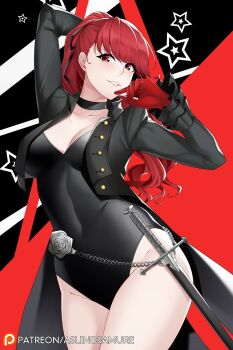 1girl aslindsamure breasts large_breasts long_hair persona persona_5 red_eyes red_hair smile yoshizawa_kasumi