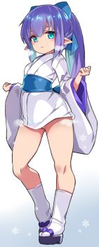 1girl blue_background blue_bow blue_eyes blue_hair bow breasts clenched_hands colored_inner_hair full_body gluteal_fold gradient_background hair_bow hisame_(shinrabanshou) japanese_clothes karukan_(monjya) kimono loli long_hair long_sleeves looking_at_viewer multicolored_hair obi parted_lips pointy_ears ponytail purple_hair sandals sash shinrabanshou short_kimono small_breasts solo standing tabi two-tone_background two-tone_hair white_background white_kimono wide_sleeves zouri