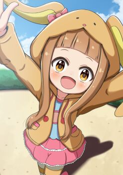 1girl absurdres animal_hood arms_up blue_shirt blush bow brown_eyes brown_hair brown_jacket commentary_request highres hood ichihara_nina idolmaster idolmaster_cinderella_girls jacket jiu_(sdesd3205) long_hair long_sleeves looking_at_viewer outdoors pink_skirt rabbit_hood shirt skirt smile solo striped_clothes