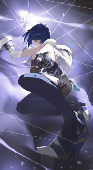 1girl absurdres armpits ass asymmetrical_gloves black_gloves black_hair black_pantyhose blunt_bangs blurry bracelet breasts chinese_clothes choker cleavage commentary_request depth_of_field dice genshin_impact gloves green_eyes highres holding holding_string hood hooded_jacket jacket jacket_on_shoulders jewelry juffles long_sleeves looking_at_viewer medium_breasts mismatched_gloves pantyhose short_hair sidelocks simple_background sitting sleeveless solo string yelan_(genshin_impact)