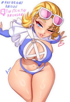 anisdrawn belly blonde_hair blue_eyes blush breasts cleavage cleavage_cutout clothing_cutout earrings fantastic_four highres jewelry large_breasts long_hair looking_at_viewer marvel marvel_rivals navel official_alternate_costume one-piece_swimsuit sue_storm sue_storm_(azure_shade) swimsuit thighs