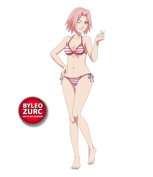 1girl barefoot bra breasts feet green_eyes haruno_sakura leozurcxxx naruto_(series) naruto_shippuuden panties pink_hair short_hair solo swimsuit transparent_background underwear