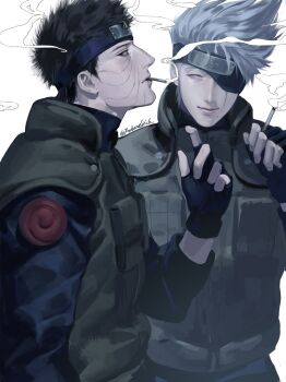 Rule 34 | 2boys, arm up, black gloves, black hair, cigarette, colored skin, commentary, eluspac maru, facial mark, fingerless gloves, flak jacket, forehead protector, gloves, green jacket, grey hair, grey jacket, grey skin, hatake kakashi, highres, holding, holding cigarette, jacket, konohagakure symbol, long sleeves, looking at another, looking to the side, male focus, multiple boys, naruto (series), one eye covered, short hair, sideways glance, smoke, smoking, twitter username, uchiha obito, white background