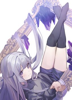 1girl absurdres alternate_costume black_shirt black_socks blush commentary empty_picture_frame full_body highres hololive hololive_english kneehighs koseki_bijou long_hair long_sleeves looking_at_viewer no_shoes picture_frame purple_eyes purple_hair purple_shorts ricke_2002 shirt shorts simple_background smile socks solo virtual_youtuber white_background