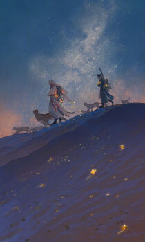 2girls backpack bag blonde_hair chinese_clothes hanfu highres ibuki_satsuki leopard long_hair multiple_girls original outdoors scarf scenery sky star_(sky) star_(symbol) walking