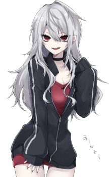 1girl black_choker black_jacket breasts choker cleavage collarbone cowboy_shot cross cross_print ear_piercing fangs fingernails genderswap genderswap_(mtf) hair_between_eyes hand_up highres jacket large_breasts long_fingernails long_hair long_sleeves looking_at_viewer mole mole_under_eye nail_polish nijisanji parted_lips partially_unzipped piercing pointy_ears red_eyes red_nails red_shirt sanya_(2nd_costume)_(kuzuha) sanya_(kuzuha) shirt sidelocks simple_background sleeves_past_fingers sleeves_past_wrists smile solo standing track_jacket ty_mt v-neck virtual_youtuber wavy_hair white_background white_hair